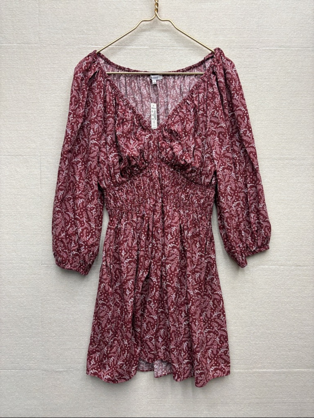 New MADEWELL | 6 Boho Floral Smocked Waist Dress in Burgundy - Picture 1 of 6